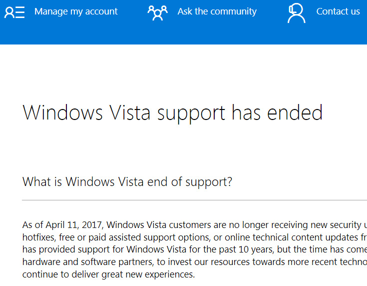 Поддержка ОС Microsoft Windows Vista прекращена