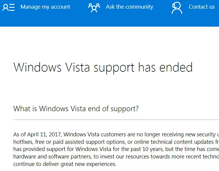 Поддержка ОС Microsoft Windows Vista прекращена